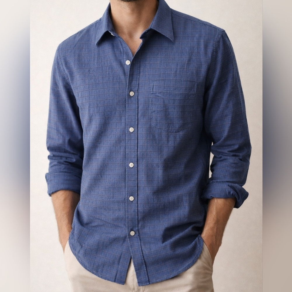 GILLIO Premium Blue Textured Button Down Shirt Mens M Cotton Grid Pattern